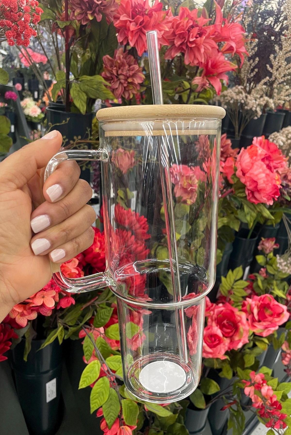 24oz Glass Tumbler with Bamboo Lid, Handle & Straw – Customizable & Eco-Friendly