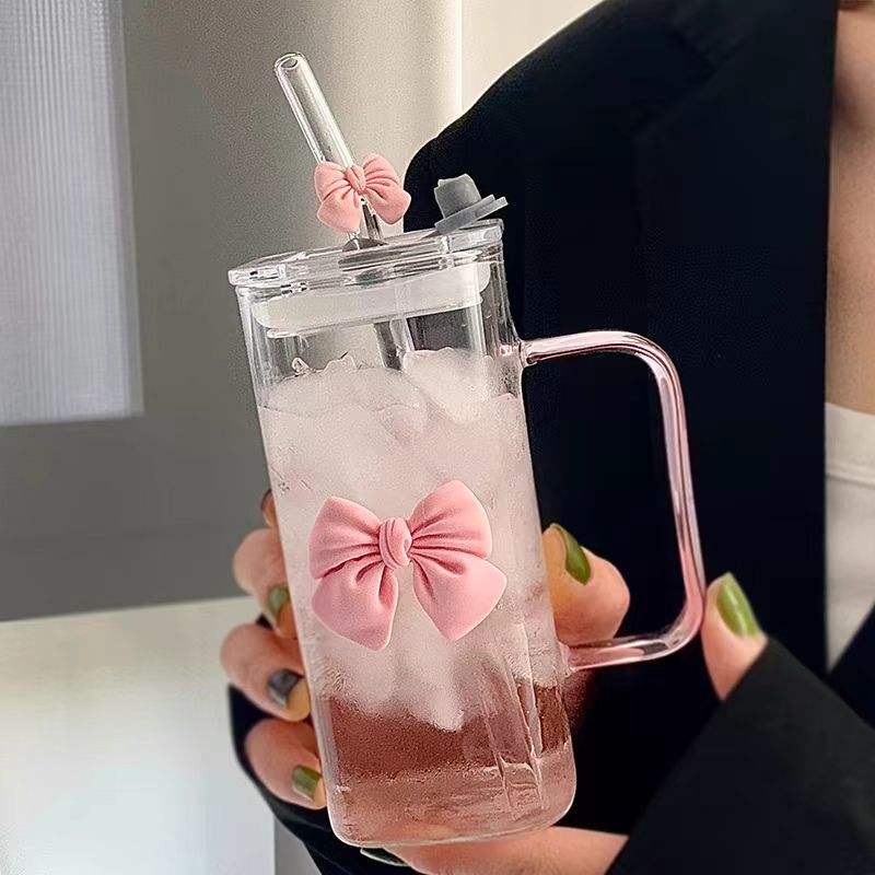 Clear Glass 400ml Cup with Pink Handle, Bow & Straw – Cute Drinkware