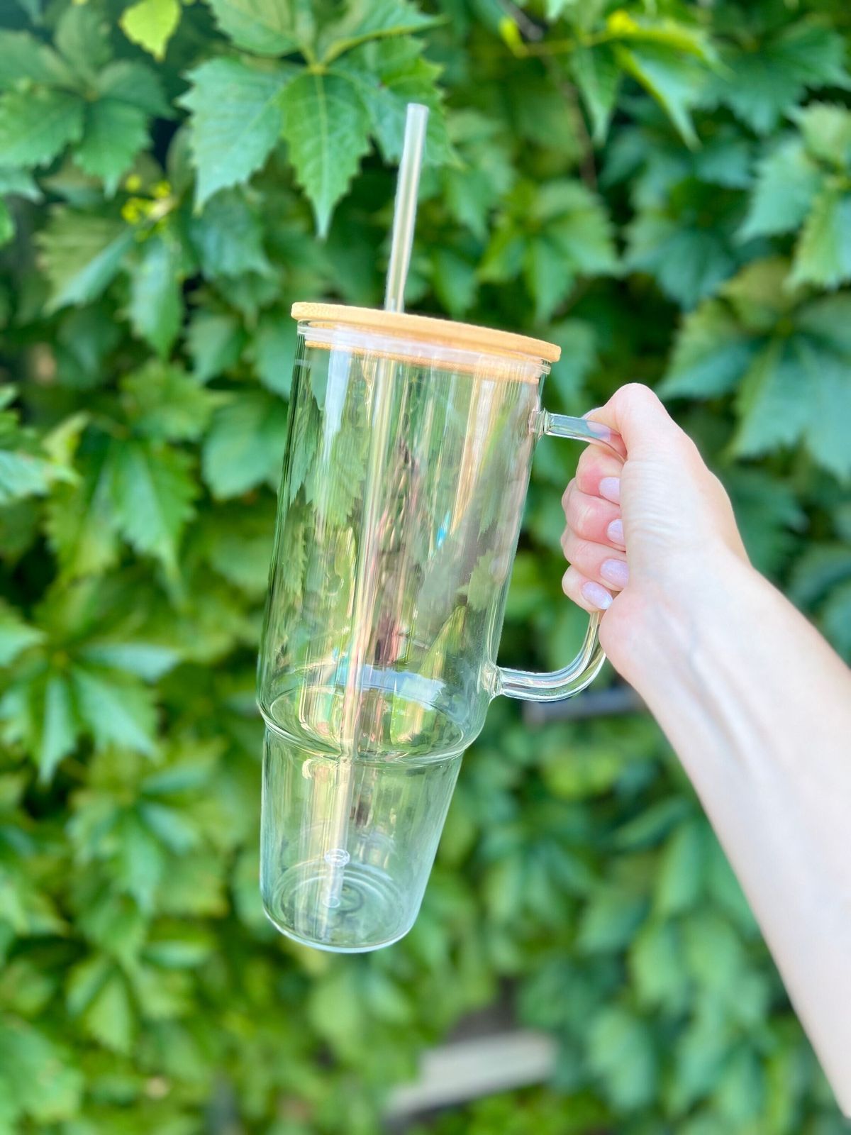 24oz Glass Tumbler with Bamboo Lid, Handle & Straw – Customizable & Eco-Friendly