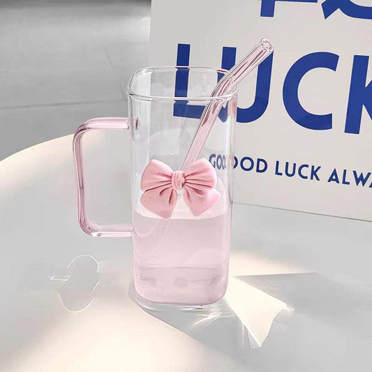 Clear Glass 400ml Cup with Pink Handle, Bow & Straw – Cute Drinkware