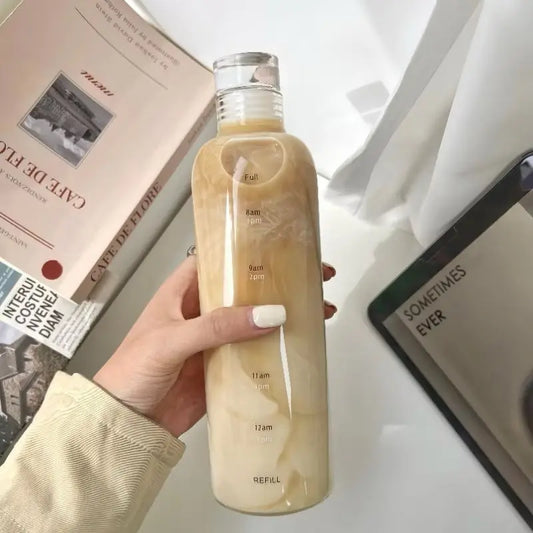 Aesthetic 450ml Glass Bottle – Time Marker, Straw & Heat-Resistant Design