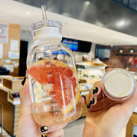 Aesthetic 450ml Glass Bottle – Time Marker, Straw & Heat-Resistant Design