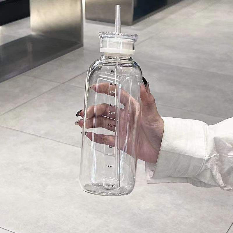 Aesthetic 450ml Glass Bottle – Time Marker, Straw & Heat-Resistant Design