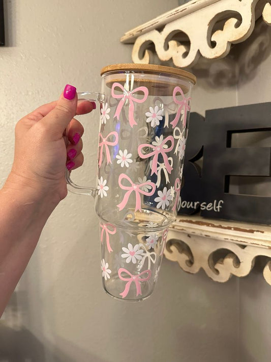 24oz Glass Tumbler with Bamboo Lid, Handle & Straw – Customizable & Eco-Friendly