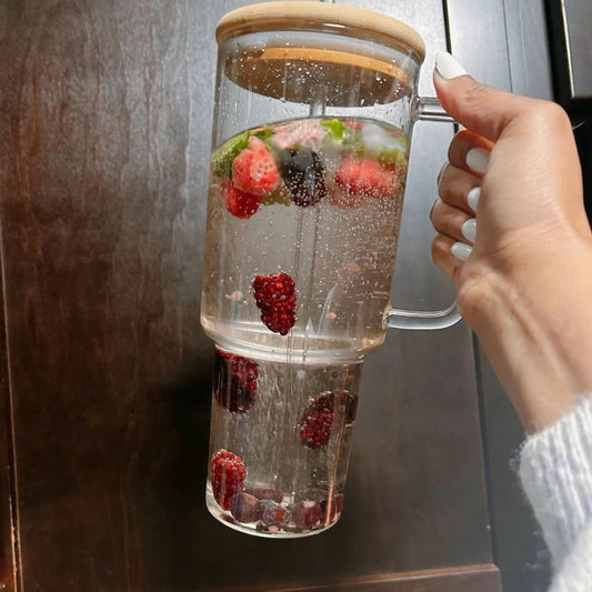 24oz Glass Tumbler with Bamboo Lid, Handle & Straw – Customizable & Eco-Friendly