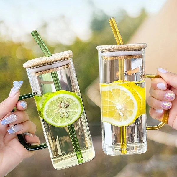 Clear Glass 400ml Cup with Pink Handle, Bow & Straw – Cute Drinkware